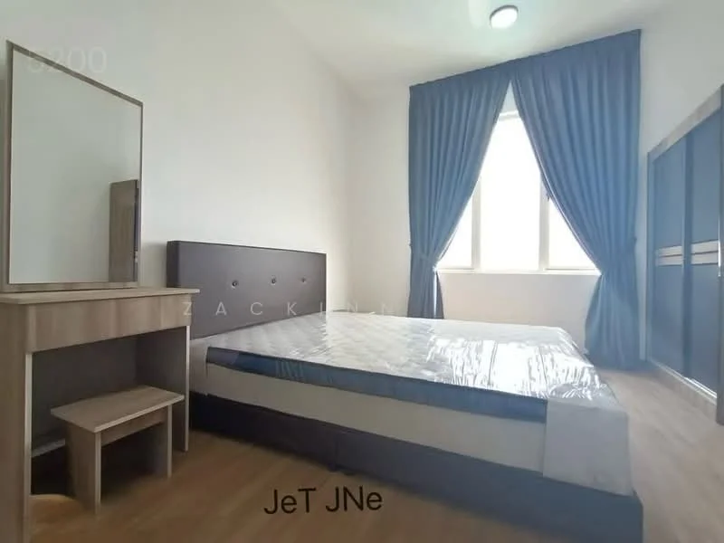 Bedroom features: queen-size bed with mattress protector, upholstered headboard, wooden bedside table, dressing table with mirror, built-in wardrobe with sliding doors, floor-to-ceiling window, grey curtains, laminate flooring, recessed ceiling light; style: modern.