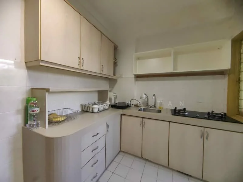 Kitchen features: light wood cabinetry, white tiled backsplash, laminate countertop, single-bowl stainless-steel sink, chrome pull-down faucet, 2-burner gas hob, built-in oven, white tiled flooring, open shelving, dish rack, bottle of water, fruit bowl; style: modern.