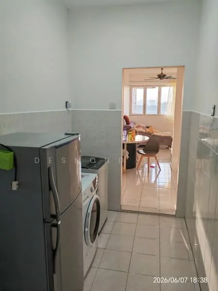 Laundry features: stainless-steel fridge, front-load washing machine, tumble dryer, white tiled walls, white tiled flooring, ceiling light, window with blinds; style: modern. Room features: dining table, upholstered dining chairs, ceiling fan, natural light from window.