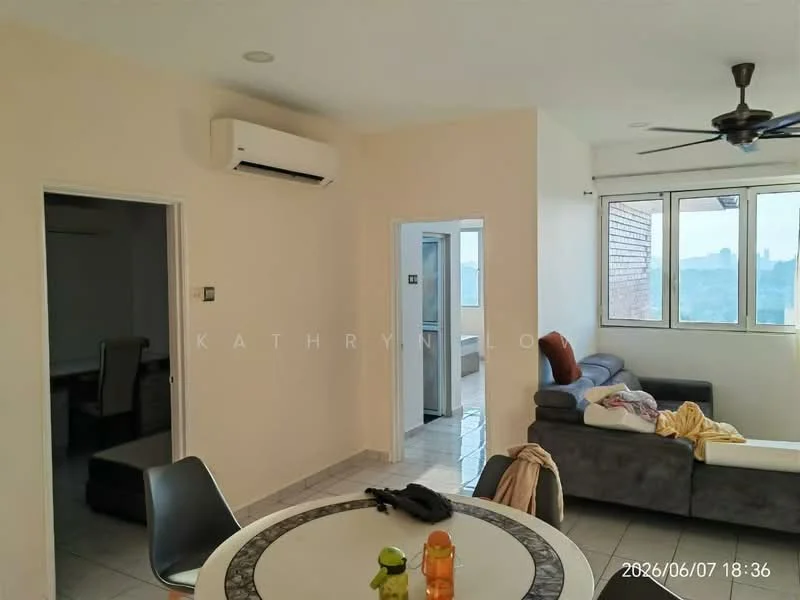 Living features: grey fabric sofa, ceiling fan with light, wall-mounted split AC, white painted walls, tile flooring, round dining table, black dining chairs, large windows with city view, decorative throw blanket, area rug; style: modern; view: city. Room features: white painted walls, tile flooring.