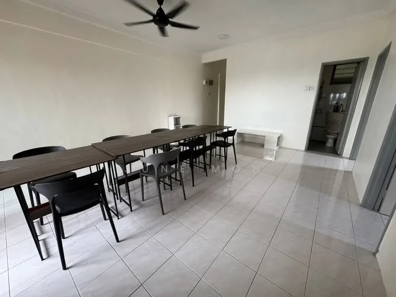Dining features: rectangular dining table with multiple chairs, white painted walls, glossy tile flooring, ceiling fan, natural light from adjacent room, neutral color scheme, open layout, no visible decor; style: modern. Room features: white painted walls, glossy tile flooring, doorway leading to bathroom, doorway leading to another room.