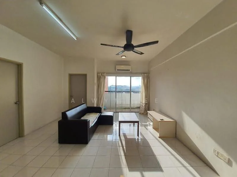 Living features: white painted walls, glossy white tile flooring, 5-blade ceiling fan with light, floor-to-ceiling sliding glass door, sheer curtains, black leather 3-seater sofa, wooden coffee table, light wooden TV console, air conditioning unit; style: modern; view: city.