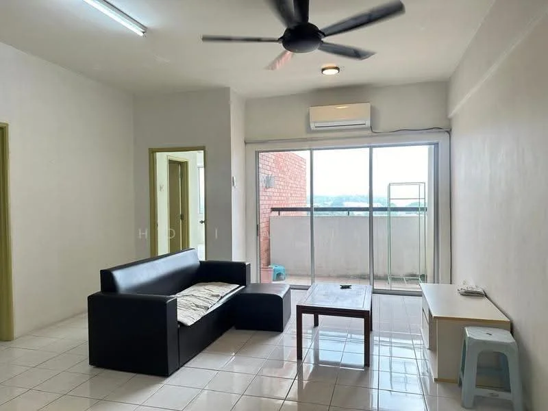 Living features: black leather sofa, coffee table, wall-mounted TV, ceiling fan with light, sliding glass door, floor-to-ceiling windows, white painted walls, glossy tile flooring, air conditioning unit, balcony view; style: modern; view: city.