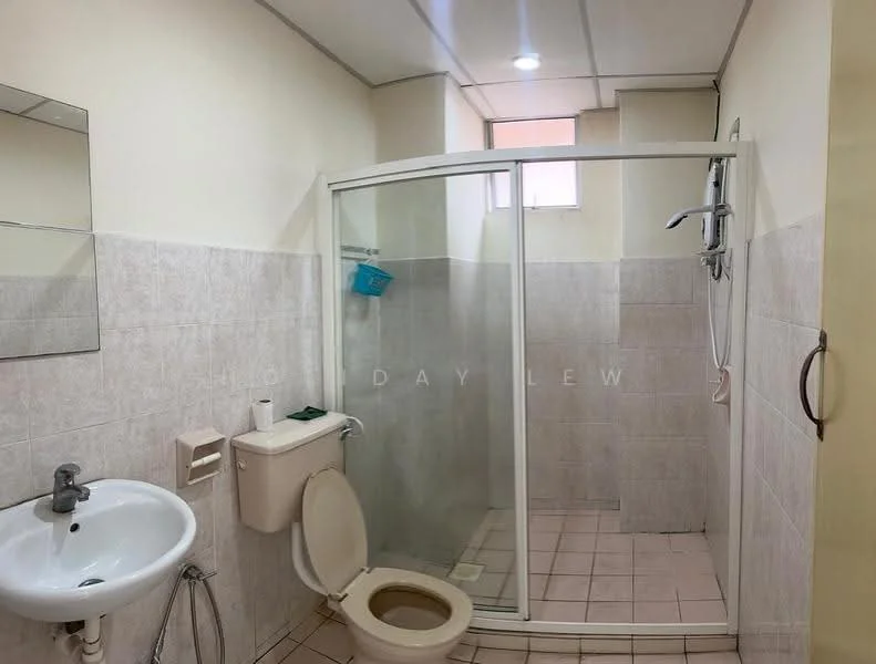 Bathroom features: white tiled walls, light beige tiled flooring, glass shower enclosure, rain shower head, handheld shower, toilet, single-sink vanity, mirror above sink, wall-mounted soap dispenser, window for natural light, ceiling lights; style: modern.