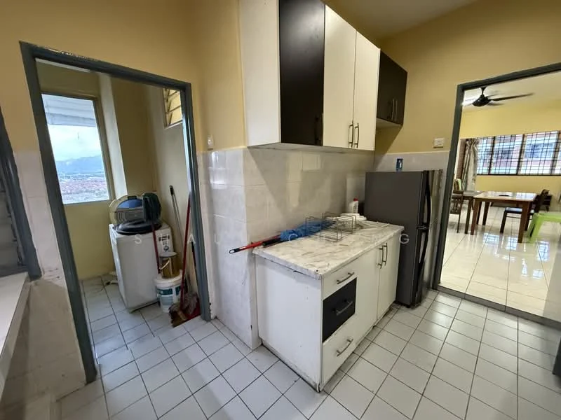 Kitchen features: white cabinetry, black upper cabinets, marble countertop, stainless-steel fridge, single-bowl stainless-steel sink, chrome pull-down faucet, ceramic tile flooring, wall-mounted split AC, window with city view, open layout to dining area; style: modern; view: city. Laundry features: washing machine, cleaning supplies, storage area.
