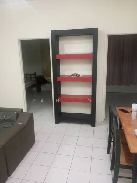 Room features: white tiled flooring, light-colored walls, black and red shelving unit, brown leather sofa, wooden dining table, black dining chairs, doorway leading to another room, doorway leading to another room with curtains; style: modern.