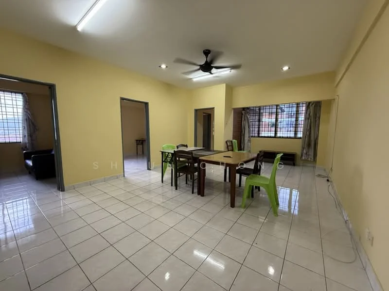 Dining features: square dining table, wooden dining chairs, plastic green chairs, ceiling fan, white tiled flooring, yellow painted walls, large windows with curtains, recessed lighting; style: modern. Living features: sofa, floor-to-ceiling windows, curtains, white tiled flooring, yellow painted walls; style: modern. Room features: white tiled flooring, yellow painted walls, doorways leading to other rooms.