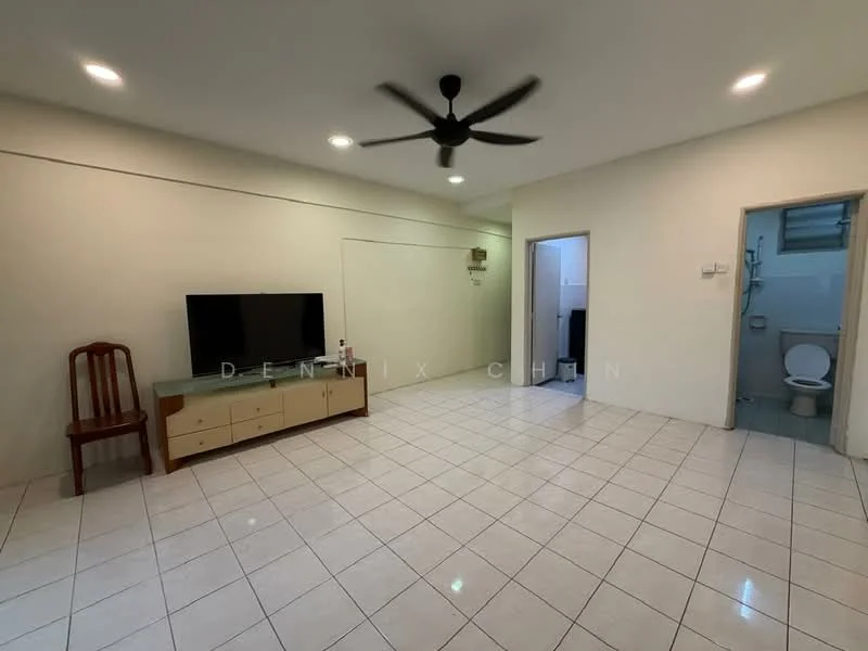 Living features: white painted walls, glossy white tile flooring, 5-blade ceiling fan, wall-mounted TV, TV console with storage, natural light from doorways, neutral color scheme, open layout; style: modern. Bathroom features: one-piece toilet, white tiled walls, white tiled flooring, sink with faucet, shower area, mirror, light fixture.