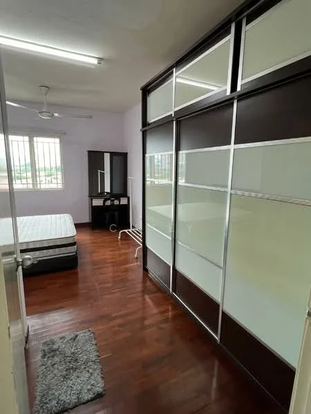 Bedroom features: wooden flooring, light purple painted walls, 5-blade ceiling fan, floor-to-ceiling windows, built-in wardrobe with sliding doors, double bed with mattress, study desk with mirror, area rug; style: modern; view: city.