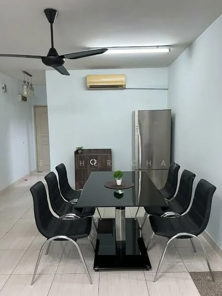 Dining features: black glass dining table, 6 upholstered dining chairs with chrome legs, 5-blade ceiling fan with light, 1 wall-mounted split AC, light blue painted walls, tile flooring, refrigerator, wooden sideboard, decorative plant on table; style: modern.