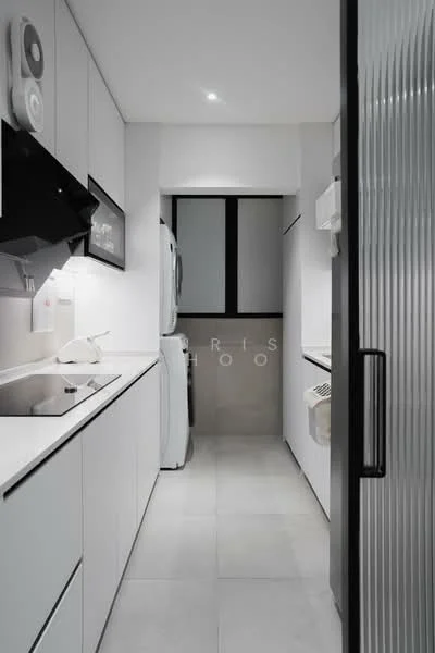 Kitchen features: white cabinetry, stainless-steel sink, chrome pull-down faucet, built-in oven, freestanding fridge, white countertop, tile backsplash, recessed downlights, grey tile flooring, sliding glass door, window with black frame, open shelving; style: modern.