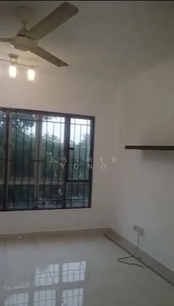 Room features: white painted walls, polished tile flooring, 5-blade ceiling fan with light, floor-to-ceiling windows, black metal window grills, shelf mounted on wall, power outlet on wall; view: garden.