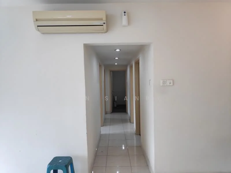 Hallway features: white painted walls, glossy ceramic tile flooring, recessed downlights, 1 wall-mounted split AC, doorways leading to other rooms; style: modern.