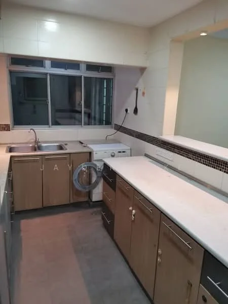 Kitchen features: single-bowl stainless-steel sink, chrome pull-down faucet, white laminate countertop, wood cabinetry with brown finish, built-in washing machine, ceramic tile flooring, grey tiled backsplash, window with metal frame, recessed lighting, open layout to adjacent room; style: modern.