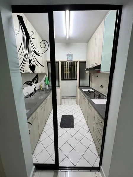 Kitchen features: light wood cabinetry, black countertop, stainless-steel sink, chrome pull-down faucet, built-in gas stove, exhaust hood, white tiled backsplash, white tiled flooring, recessed ceiling lights, window with metal grille, green dish towel, black mat; style: modern.