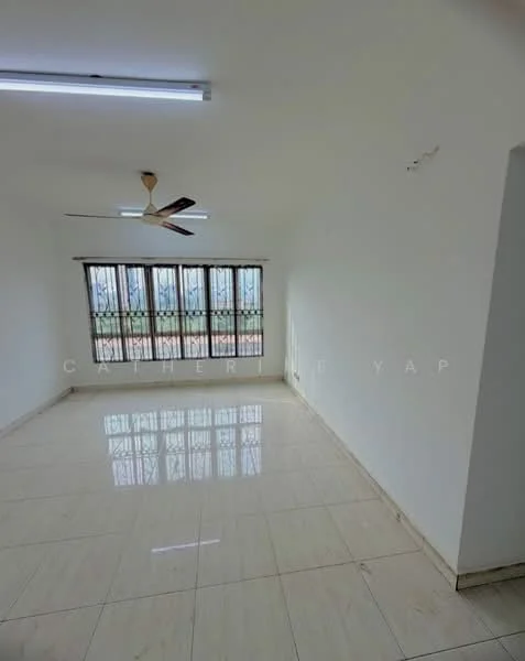 Room features: white painted walls, glossy ceramic tile flooring, 5-blade ceiling fan, floor-to-ceiling windows, window grills, natural light from windows; style: modern; view: garden.