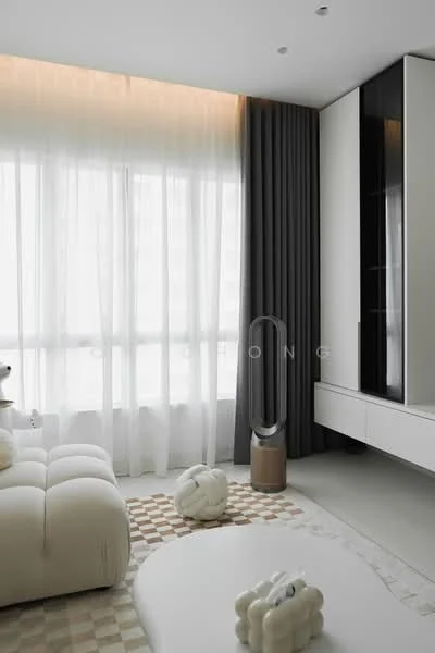 Living features: floor-to-ceiling windows, sheer curtains, grey blackout curtains, white walls, light wood flooring, modern sofa in cream, decorative throw pillows, coffee table with rounded edges, area rug with geometric pattern, decorative sculpture, built-in cabinetry, wall-mounted TV unit, recessed lighting; style: modern; view: city.