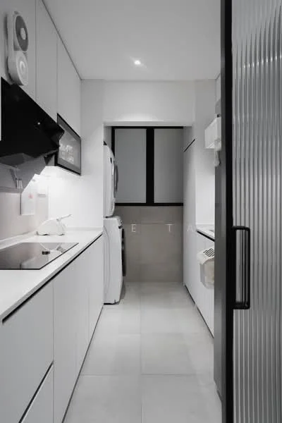 Kitchen features: white cabinetry, white countertops, stainless-steel sink, chrome pull-down faucet, built-in oven, freestanding washing machine, refrigerator, tile flooring, recessed downlights, sliding glass door, window with black frame, grey accent wall; style: modern.