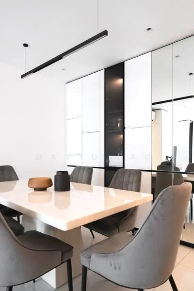 Dining features: marble dining table, 6-seater dining table, upholstered dining chairs in grey, black pendant light fixture, mirrored cabinetry, white cabinetry, neutral wall color, tile flooring; style: modern.