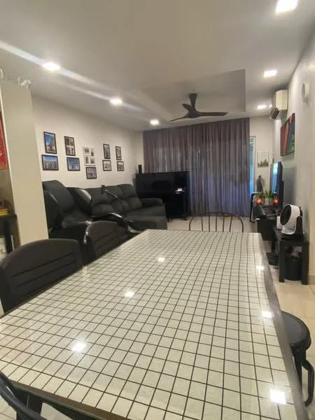 Dining features: rectangular dining table with tiled surface, black dining chairs, 5-blade ceiling fan with light, wall-mounted TV, black entertainment unit, grey curtains, framed photographs on walls, light-colored tiled flooring; style: modern. Living features: black leather sectional sofa, black armchairs, decorative wall with framed photos, light-colored walls, recessed ceiling lights; style: modern.