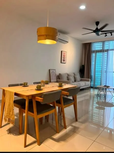Dining features: 6-seater dining table, wooden dining table, grey upholstered dining chairs, pendant lamp, recessed LED downlights, wall-mounted split AC, floor-to-ceiling windows, curtains, cream painted walls, glossy tile flooring, sofa in light grey, coffee table, decorative artwork on wall; style: modern; view: city.