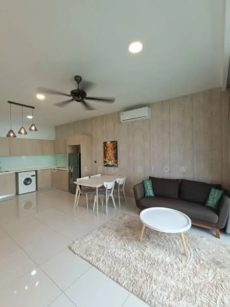 Living features: 3-seater fabric sofa in dark grey, round coffee table with white top, area rug with geometric pattern, ceiling fan with light, wall-mounted air conditioning unit, pendant lighting above dining area, dining table for 4 with white chairs, washing machine, kitchen cabinetry in light wood, green accent cushions on sofa, large floor tiles in white, wall with wood paneling, decorative artwork on wall; style: modern.
