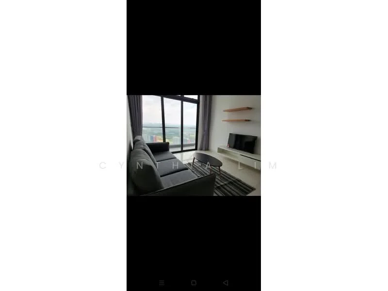 Living features: 3-seater fabric sofa in grey, area rug with geometric pattern, wall-mounted TV, TV console, floor-to-ceiling windows, curtains, shelf unit, neutral wall colour, light-coloured flooring; style: modern; view: city.