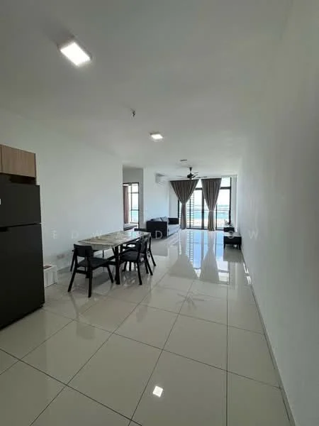 Living features: white painted walls, glossy ceramic tile flooring, 5-blade ceiling fan with light, floor-to-ceiling windows, sheer curtains, black leather sofa, dining table with 6 chairs, black refrigerator, decorative wall clock; style: modern; view: city.