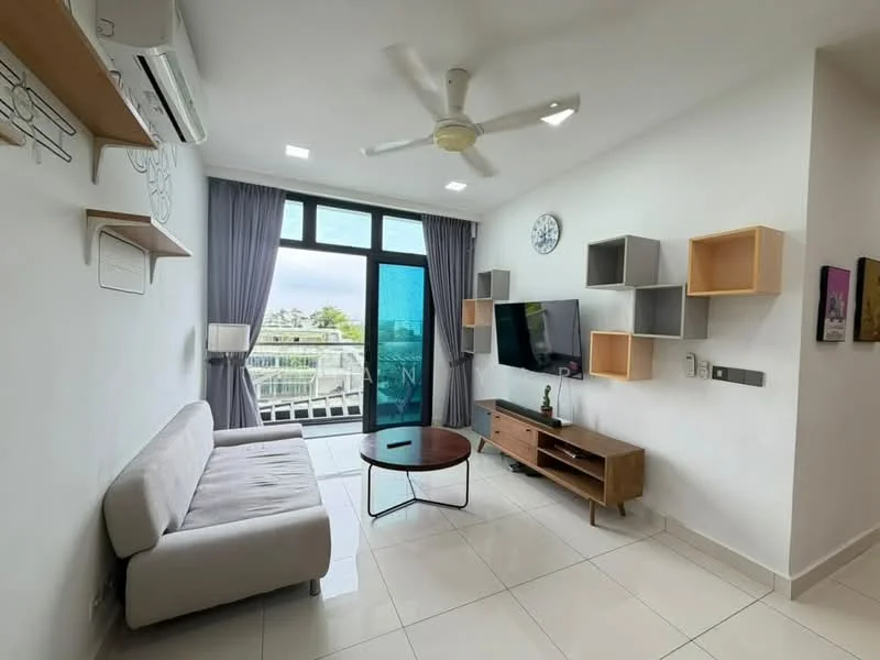 Living features: 3-seater fabric sofa in light grey, round wooden coffee table, wall-mounted TV, wooden TV console, floating shelves in light wood, floor-to-ceiling windows, sheer curtains, air conditioning unit, recessed LED downlights, white painted walls, tile flooring; style: modern; view: garden.