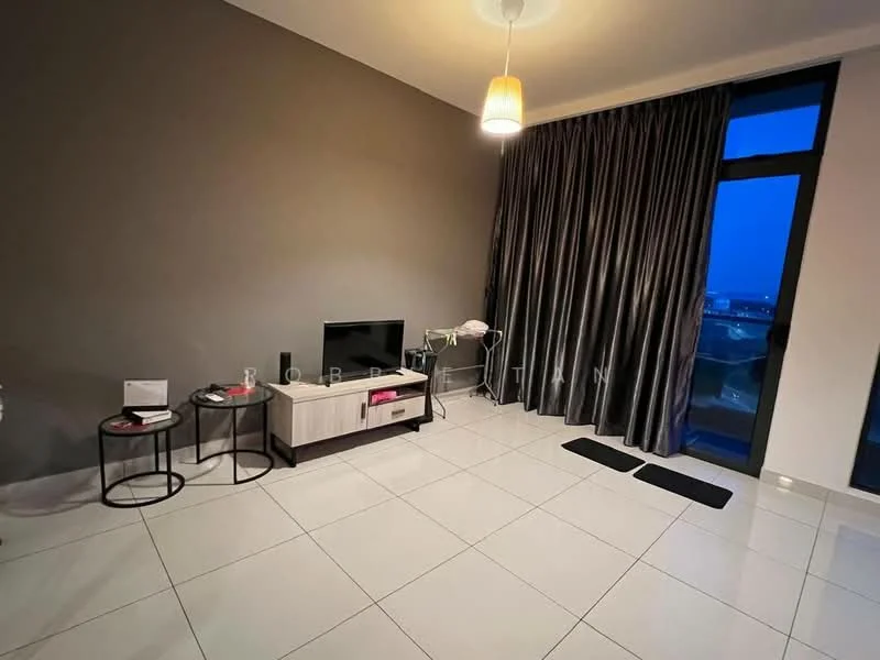 Living features: grey accent wall, white tiled flooring, floor-to-ceiling windows, blackout curtains, TV console, wall-mounted TV, 2-seater side table, decorative plant, pendant light, 2 black mats; style: modern; view: city.