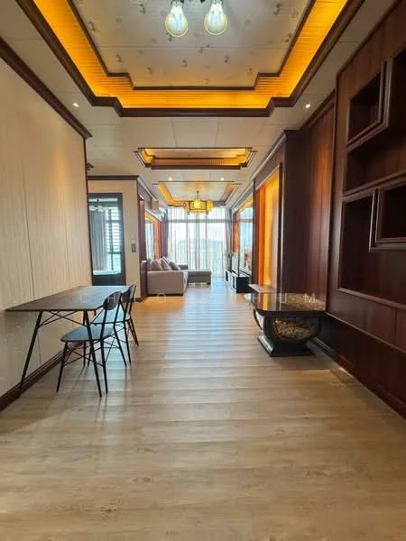 Room features: wooden flooring, cream painted walls, recessed ceiling with decorative lighting, large windows with sheer curtains, sofa in neutral color, coffee table, dining table with chairs, built-in cabinetry, wall-mounted TV, decorative wall paneling, LED strip lighting, natural light from windows; style: modern; view: city.
