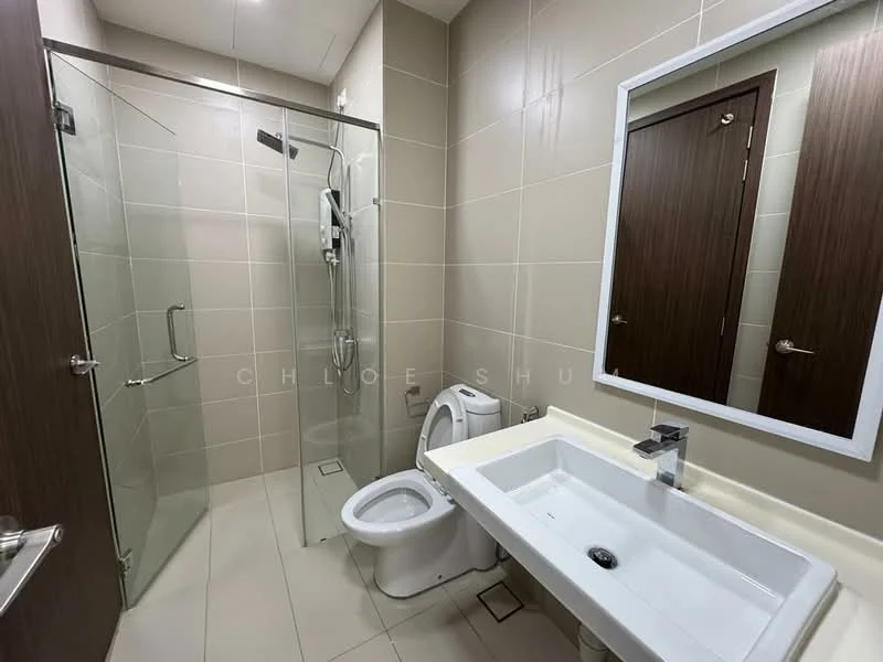 Bathroom features: walk-in shower with glass enclosure, chrome handheld shower, white ceramic toilet, single-sink vanity with white countertop, chrome basin mixer faucet, framed mirror, light beige tiled walls, light beige tile flooring, wooden door, wall-mounted towel rack; style: modern.