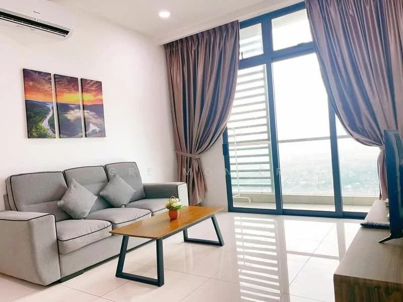 Living features: 3-seater fabric sofa in grey, coffee table with black metal legs, floor-to-ceiling windows, curtains in beige, wall-mounted TV, decorative plant on table, white walls, polished tile flooring, air conditioning unit on wall, framed artwork with landscape, light from windows, natural light; style: modern; view: city.