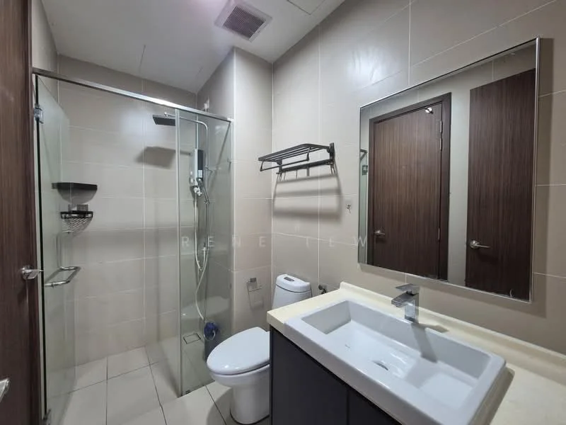 Bathroom features: glass shower enclosure, rain shower head, handheld shower, single-sink vanity with grey cabinet, chrome basin mixer, framed mirror, one-piece toilet, towel rack, tile flooring, cream tiled walls, recessed lighting; style: modern.