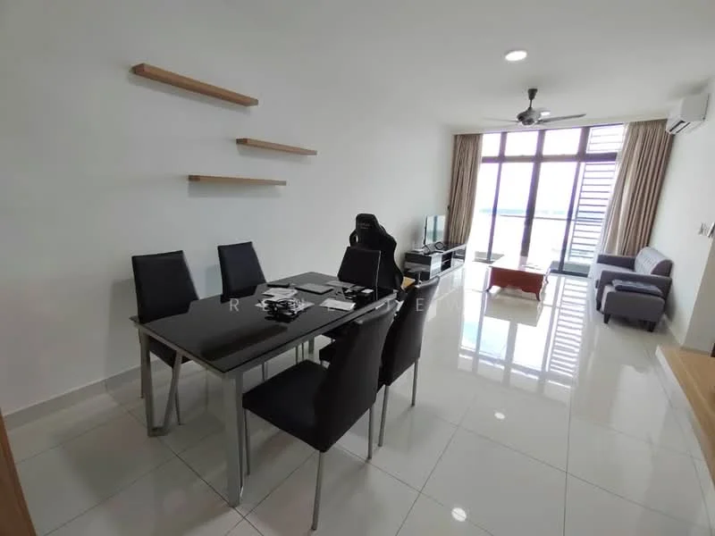 Living features: white painted walls, glossy white tile flooring, 5-blade ceiling fan with light, floor-to-ceiling windows, sheer curtains, black dining table with glass top, 4 black upholstered dining chairs, grey fabric sofa, TV console, wall-mounted TV, decorative wall shelves; style: modern; view: city.