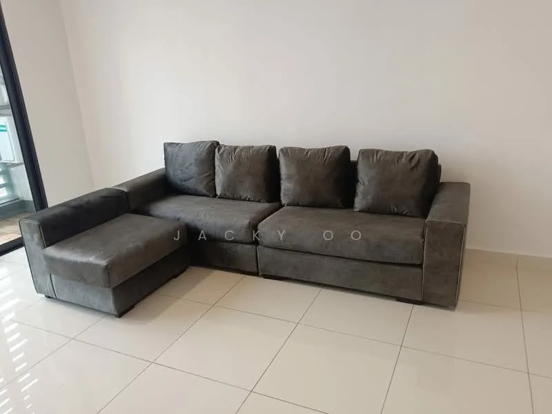 Living features: L-shape sectional sofa in grey fabric, white painted walls, glossy ceramic tile flooring, large windows with natural light, minimalist decor; style: modern.