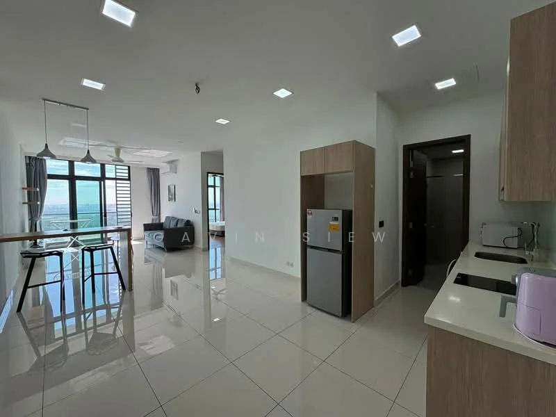 Living features: floor-to-ceiling windows, white painted walls, glossy tile flooring, 3-seater fabric sofa in dark grey, wooden dining table with high chairs, stainless-steel fridge, built-in kitchen cabinetry, countertop with sink, microwave, recessed LED downlights; style: modern; view: sea. Room features: white painted walls, glossy tile flooring, door leading to bathroom, door leading to bedroom.