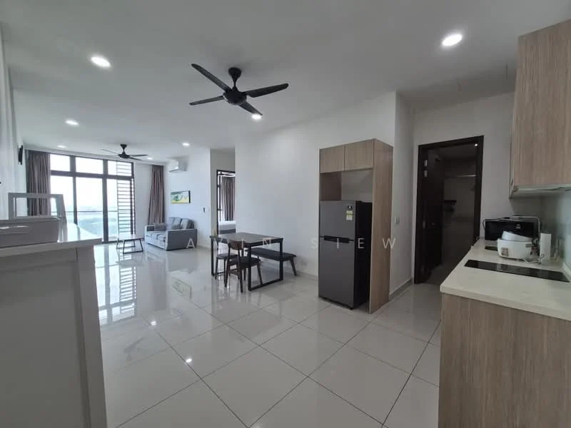 Living features: 3-seater fabric sofa in grey, coffee table, wall-mounted TV, area rug, ceiling fan with light, floor-to-ceiling windows, curtains, marble tile flooring, white painted walls, recessed downlights; style: modern; view: city. Kitchen features: stainless-steel fridge, built-in oven, ceramic cooktop, single-bowl stainless-steel sink, chrome pull-down faucet, laminate countertop, wood cabinetry, recessed downlights; style: modern. Dining features: 4-seater dining table, wooden dining chairs; style: modern.