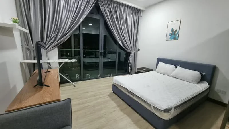 Bedroom features: queen-size bed, upholstered headboard, wooden flooring, floor-to-ceiling windows, grey curtains, desk with chair, iron board, decorative wall shelf; style: modern; view: city.