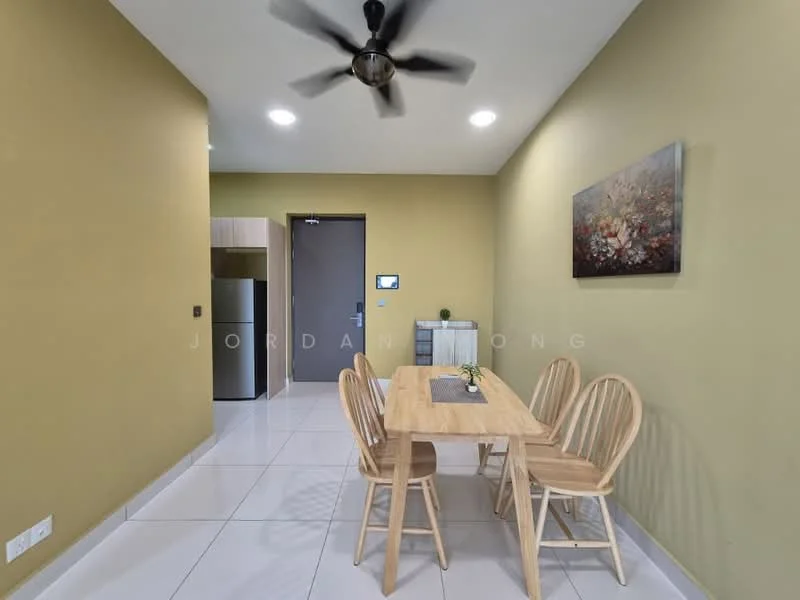 Dining features: wooden dining table, 4 wooden dining chairs, light green painted walls, white tiled flooring, ceiling fan with 3 blades, recessed LED downlights, framed artwork on wall, small decorative plant on table; style: modern. Kitchen features: stainless-steel fridge, wood cabinetry, countertop, unknown appliances.