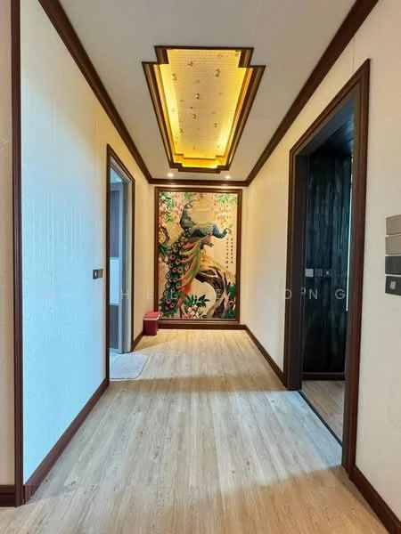 Hallway features: wooden flooring, white painted walls, decorative wall art with floral design, recessed ceiling lights, crown moulding, doorway to adjacent rooms, wall-mounted light switch, baseboard trim; style: modern.
