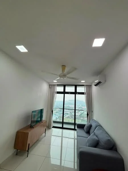 Living features: white painted walls, glossy white tile flooring, 5-blade ceiling fan with light, recessed LED downlights, floor-to-ceiling windows, sliding glass door, grey fabric sofa, wooden TV console, wall-mounted TV, curtains, air conditioning unit; style: modern; view: city.