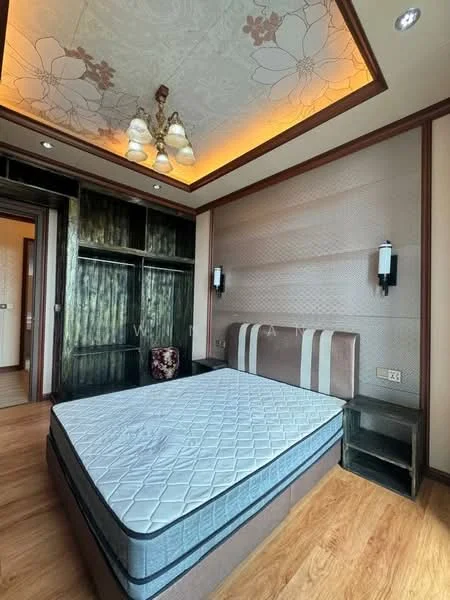 Bedroom features: queen-size bed, upholstered headboard, wooden flooring, recessed downlights, chandelier, built-in wardrobe with sliding doors, wall-mounted sconces, decorative ceiling with floral pattern, neutral wall colour, nightstand; style: modern.