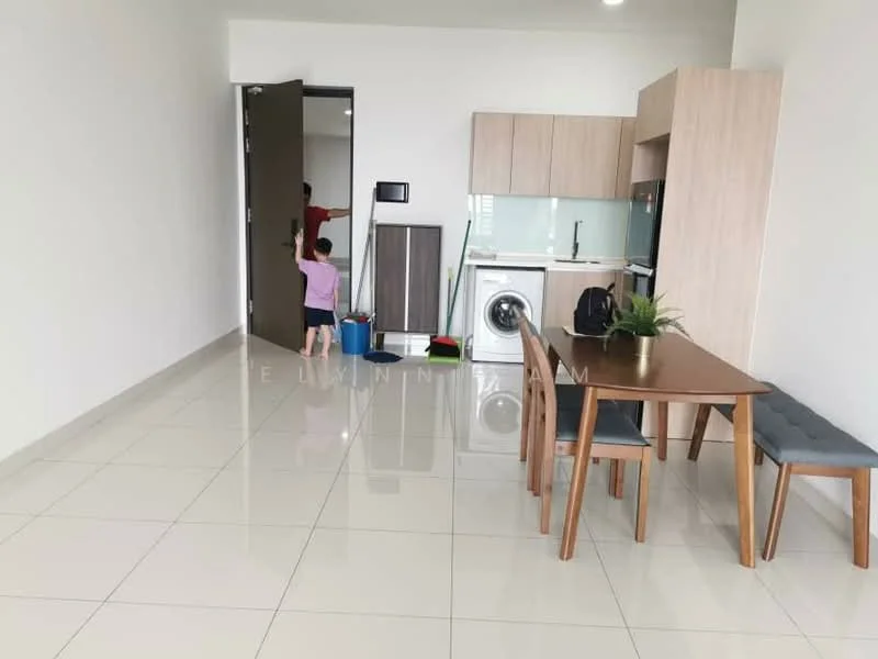 Room features: white painted walls, glossy ceramic tile flooring, wooden dining table, 4 dining chairs, grey upholstered bench, built-in kitchen cabinetry in light wood, stainless-steel washing machine, refrigerator, kitchen countertop, floor-to-ceiling windows, door leading to hallway, indirect lighting; style: modern.