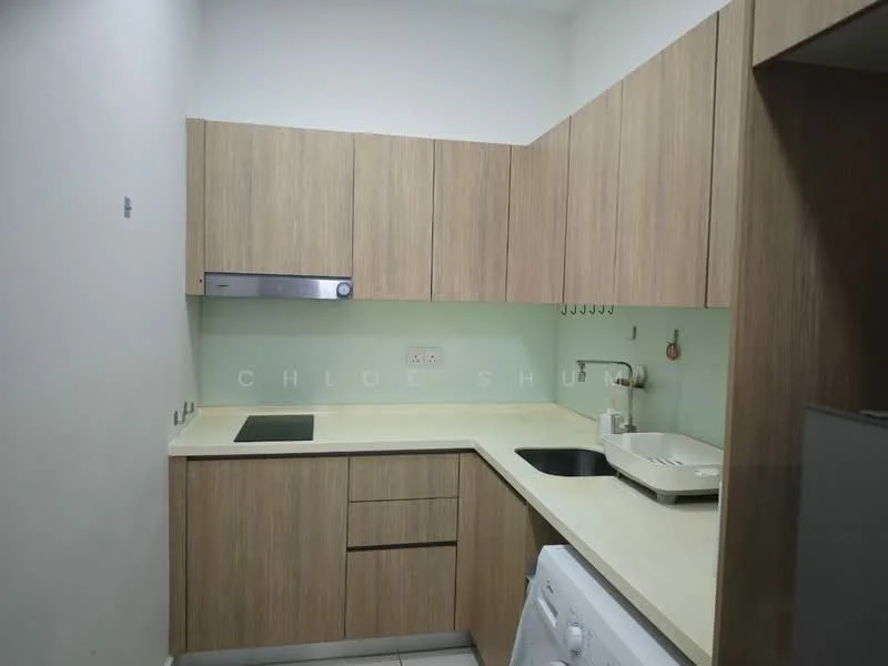 Kitchen features: light wood cabinetry, white countertop, single-bowl stainless-steel sink, chrome pull-down faucet, built-in stove, white washing machine, green backsplash, under-cabinet lighting, open shelving, wall-mounted hooks; style: modern.