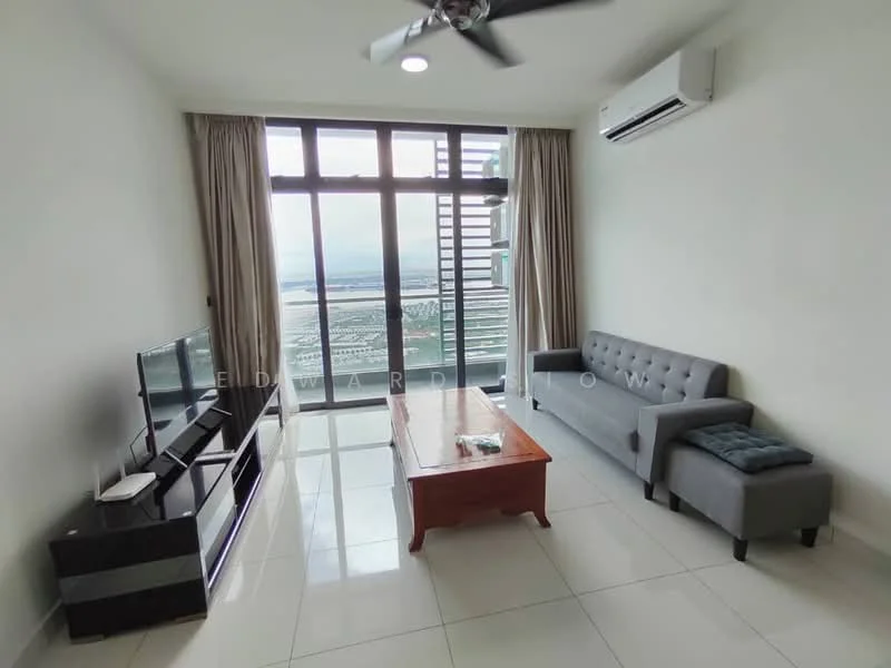 Living features: grey fabric sofa, wood coffee table, black TV console, wall-mounted TV, floor-to-ceiling windows, curtains, white painted walls, polished tile flooring, ceiling fan with light, air conditioning unit; style: modern; view: city.