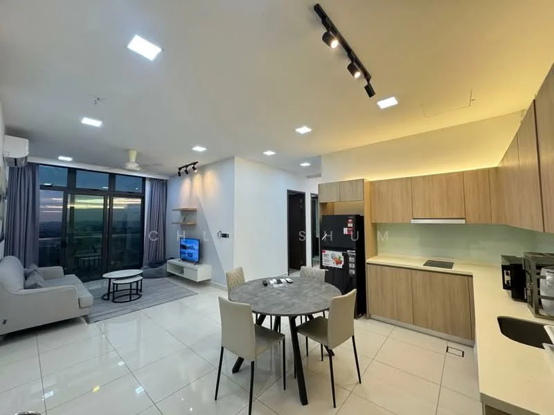 Living features: floor-to-ceiling windows, grey fabric sofa, coffee table, wall-mounted TV, entertainment unit, area rug, recessed LED downlights, ceiling fan, dining table with 4 chairs, kitchen island, stainless-steel fridge, built-in oven, microwave, ceramic tile flooring, white painted walls; style: modern; view: city.