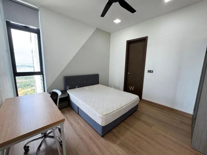 Bedroom features: queen-size bed, upholstered headboard, wooden flooring, floor-to-ceiling window, black ceiling fan, study desk, chair, built-in wardrobe, white painted walls, natural light from window; style: modern; view: city.
