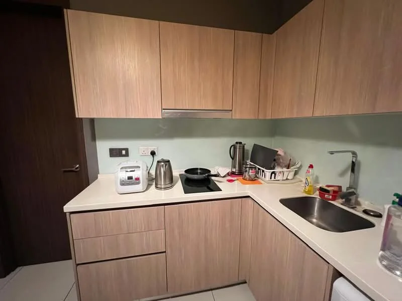 Kitchen features: light wood cabinetry, white countertop, stainless-steel sink, chrome pull-down faucet, built-in stove, rice cooker, electric kettle, dish rack, wall-mounted cabinets, white tiled backsplash, recessed lighting, floor tiles, open shelving; style: modern.