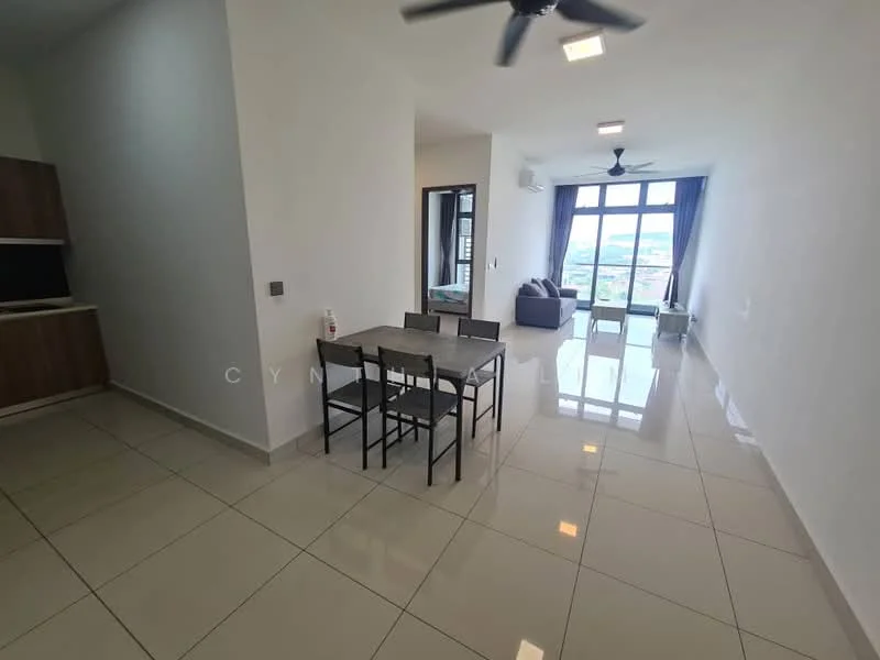 Living features: large floor-to-ceiling windows, grey sofa, black dining table with four chairs, white painted walls, recessed downlights, polished ceramic tile flooring, air conditioning unit, ceiling fan, curtains, view of city skyline; style: modern; view: city.